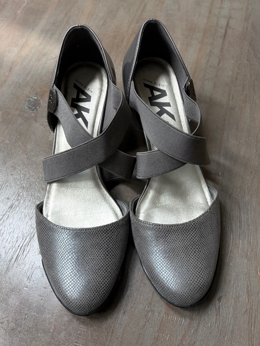 Ann Klein grey, Akteaberry wedge heels with crisscross top.